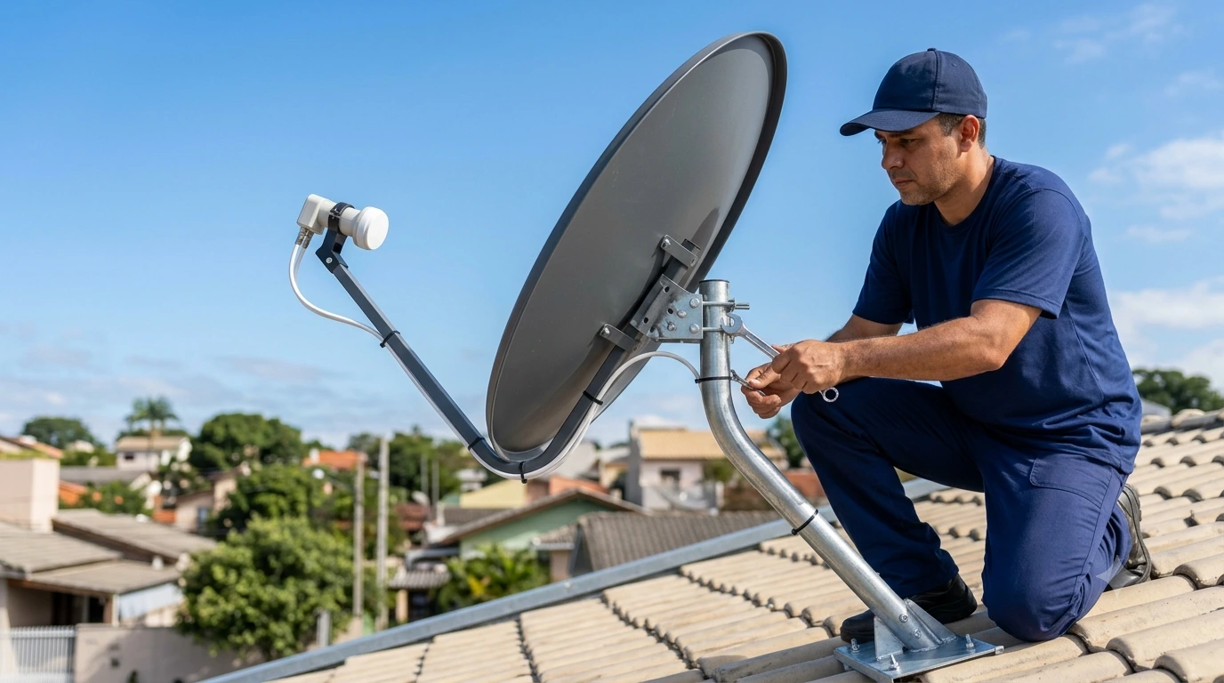 Técnico realizando o apontamento de uma antena parabólica digital Banda KU.