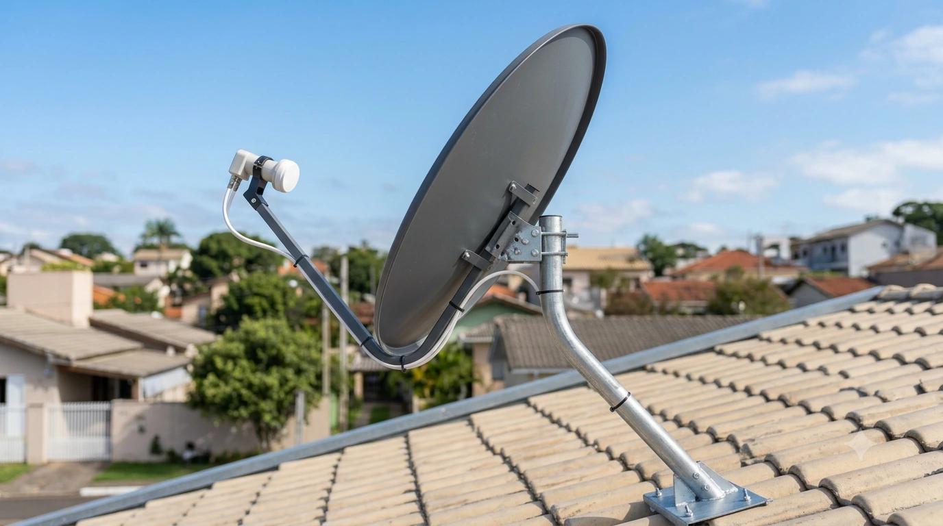 Antena parabólica digital Banda KU mostrando seus principais componentes.