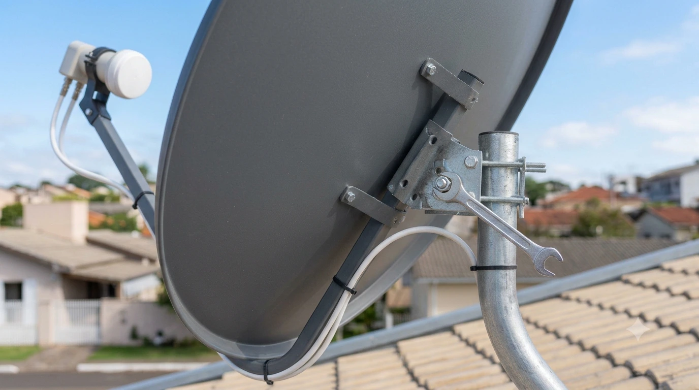 Suporte traseiro da antena parabólica com o mecanismo de regulagem utilizado durante o apontamento.