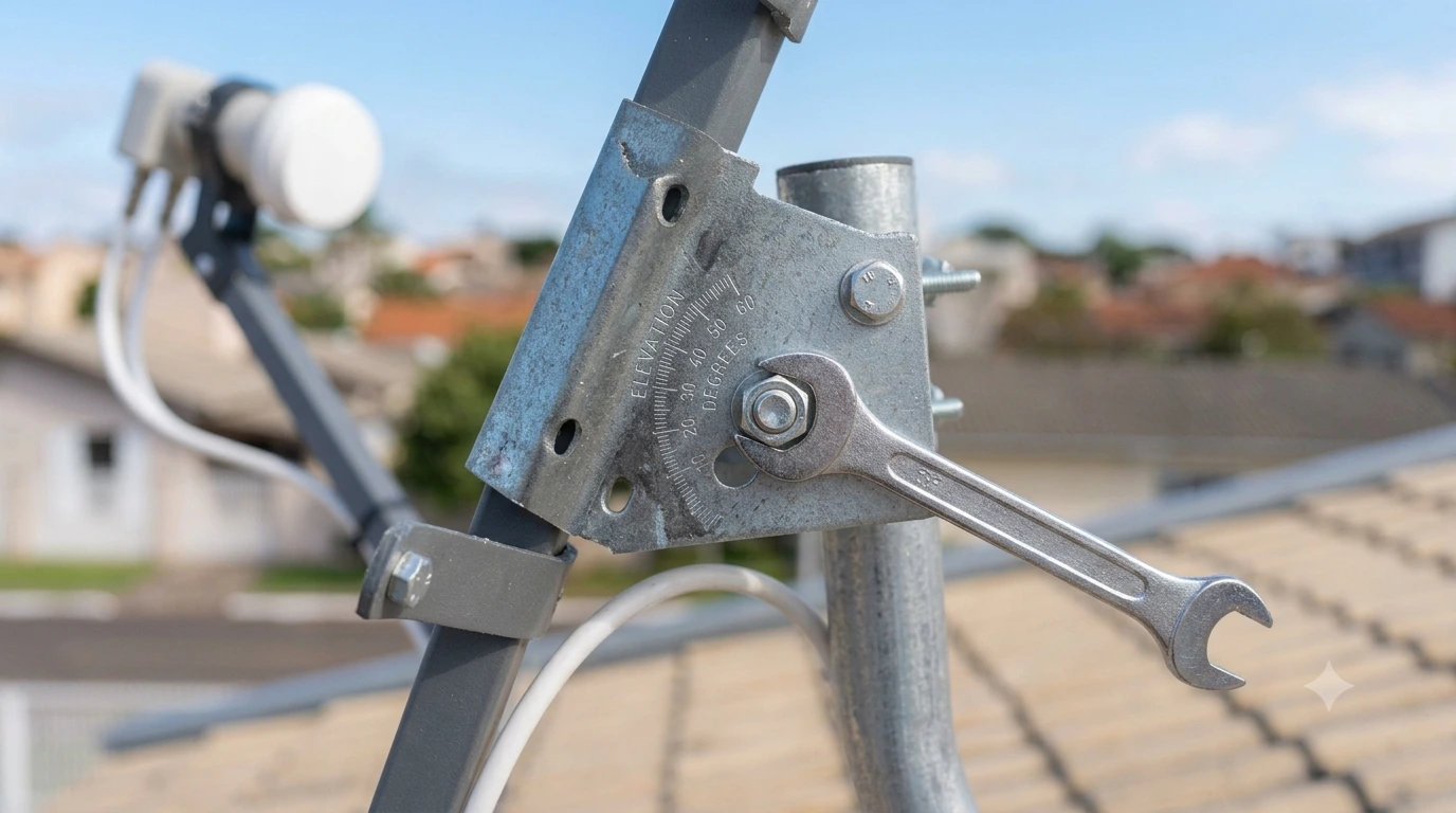 Escala de elevação da antena parabólica utilizada para ajustar o ângulo vertical do apontamento.