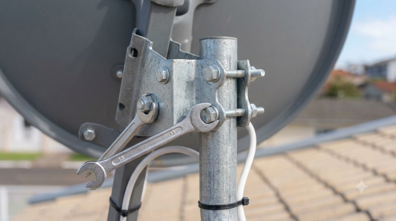 Base da antena parabólica mostrando o ajuste de azimute durante o apontamento.