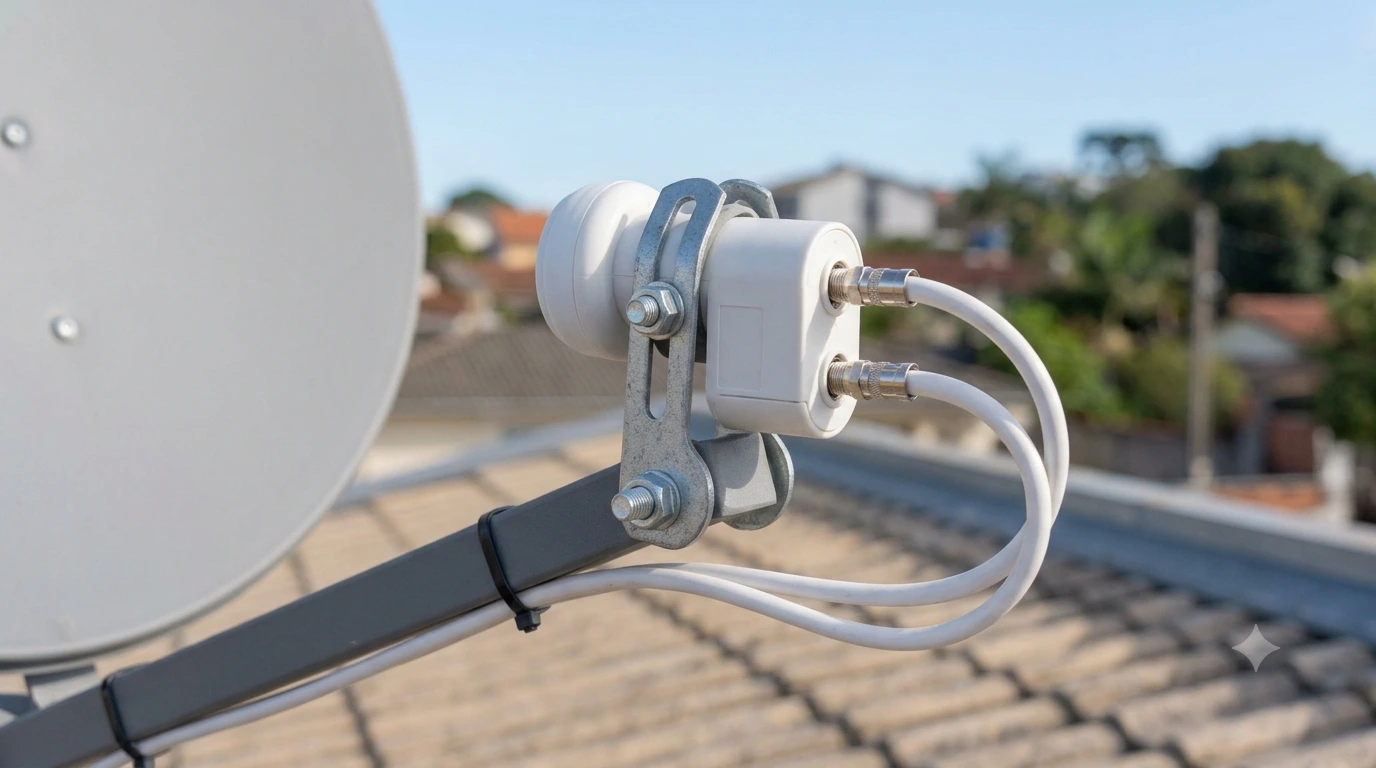 LNB Universal Banda KU instalado corretamente no braço da antena parabólica.