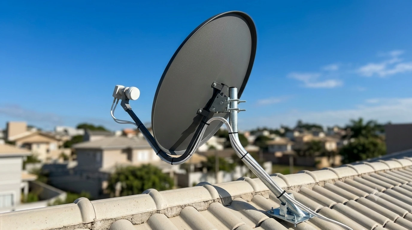 Antena parabólica Banda KU corretamente instalada e alinhada após a conclusão do apontamento.