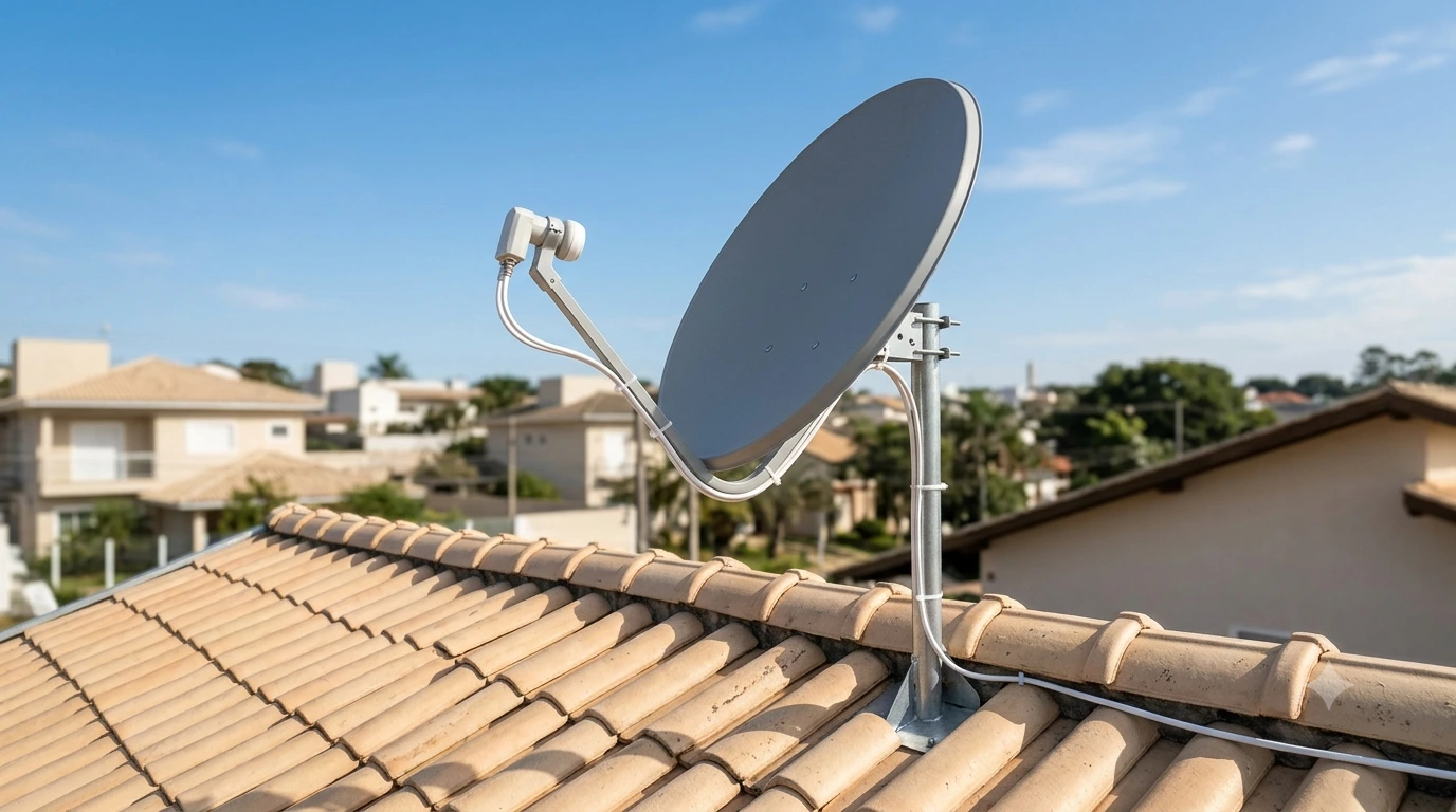 Instalação concluída de uma antena parabólica digital Banda KU corretamente apontada para recepção dos canais via satélite.