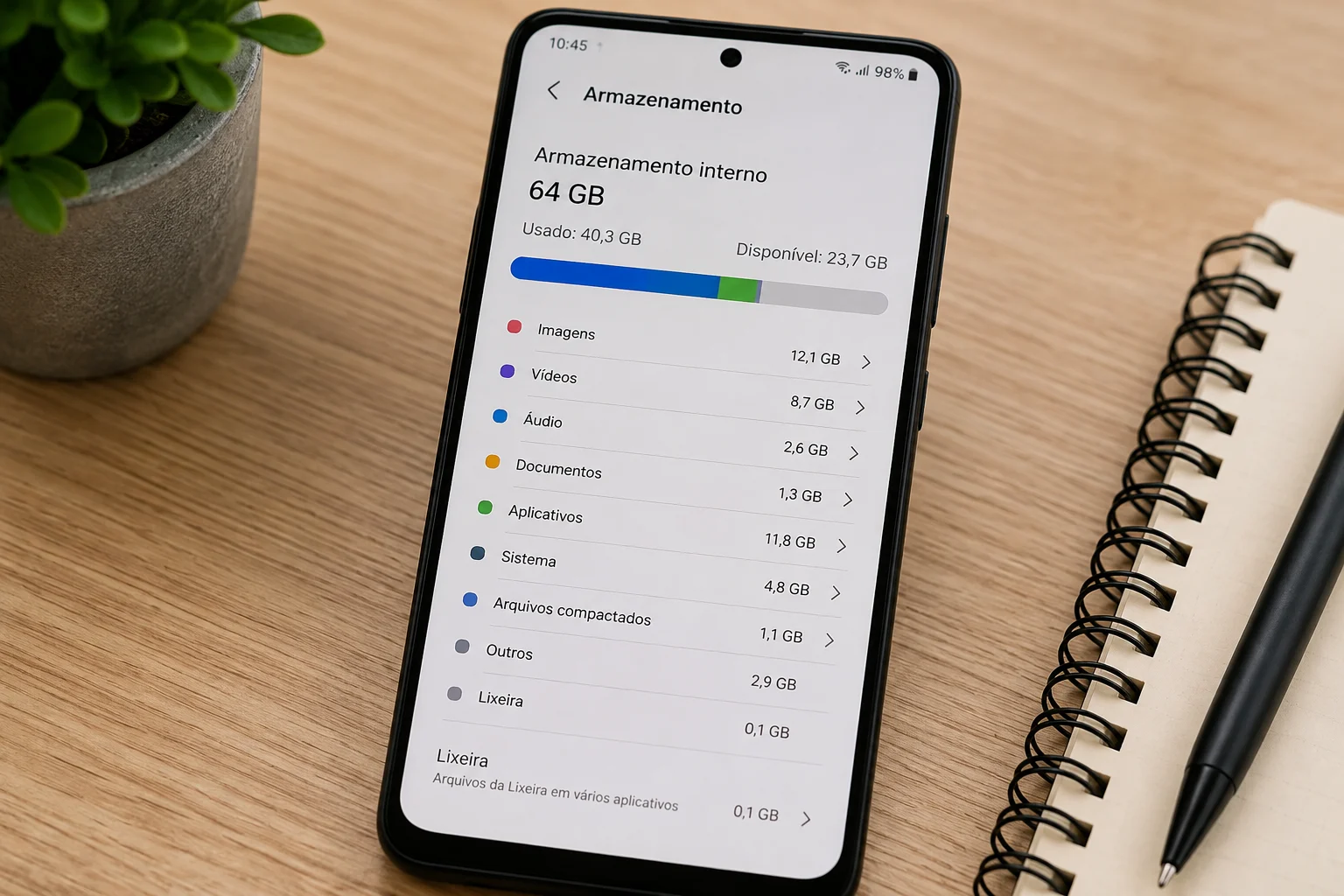 Celular exibindo informações sobre armazenamento e espaço disponível.