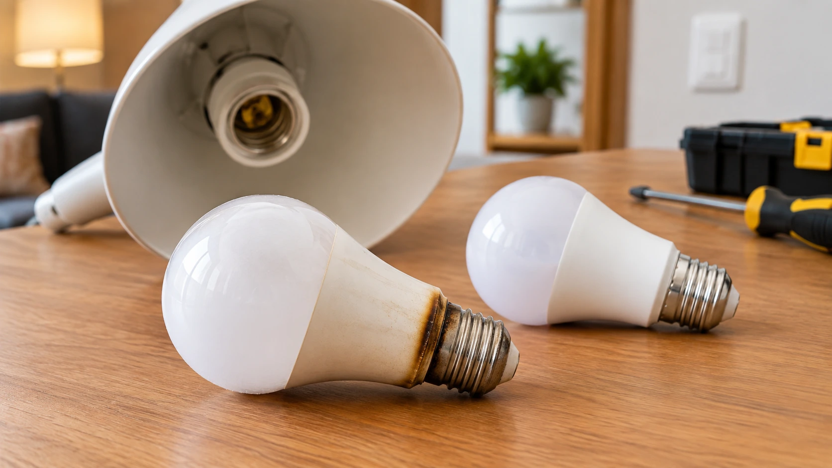 Lâmpada queimando rápido ao lado de uma lâmpada nova e uma luminária